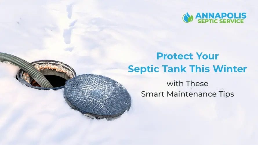 : Septic tank in a snowy backyard during winter, highlighting the impact of cold weather on septic systems.