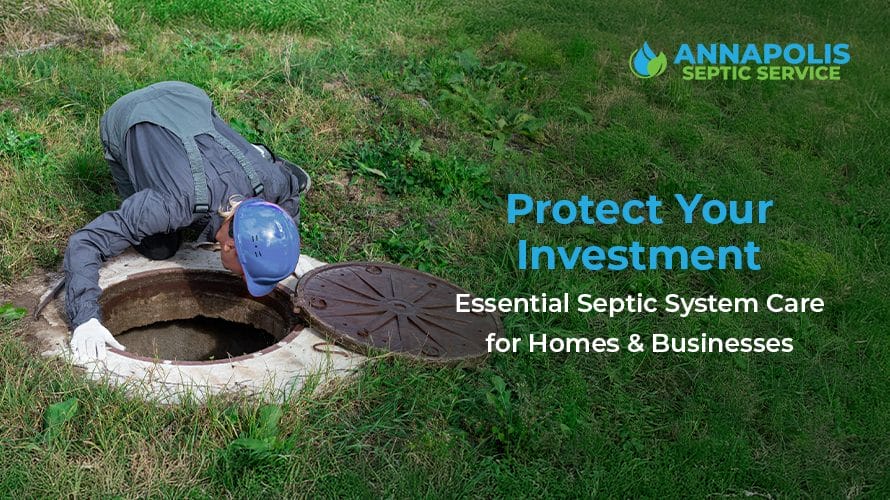 Professional technician performing preventative maintenance on commercial and residential septic systems with maintenance checklist and property diagram