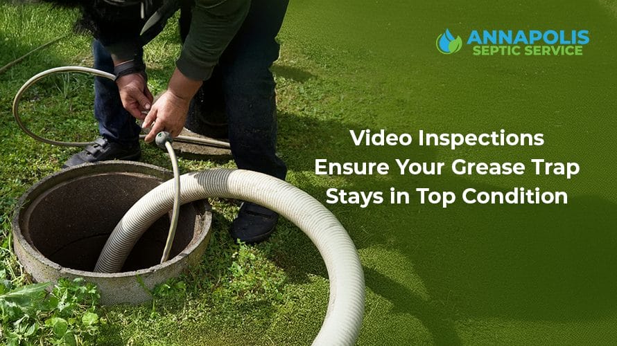 Grease trap video inspection camera identifying buildup inside the trap