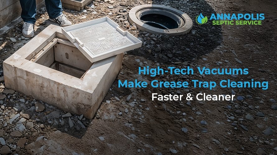 Technician using high-tech vacuum equipment for commercial grease trap cleaning