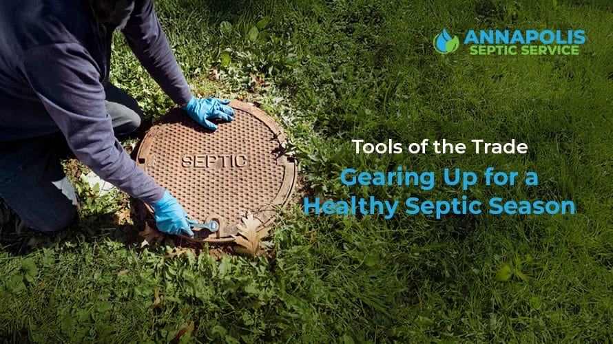 Septic maintenance tools arranged for seasonal summer cleaning