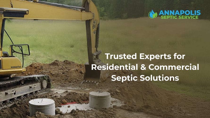 Annapolis Septic Service technician inspecting a septic tank near a service truck in a suburban neighborhood.