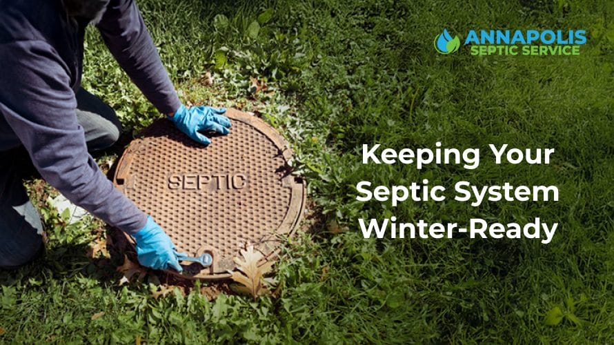 Technician providing septic tank services to maintain a healthy system during winter in a residential property.