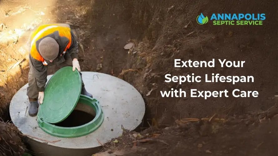 Technician performing routine septic tank maintenance in a residential yard