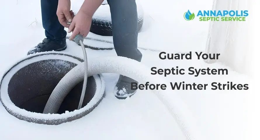 Residential yard in winter showing protected septic area beneath snow