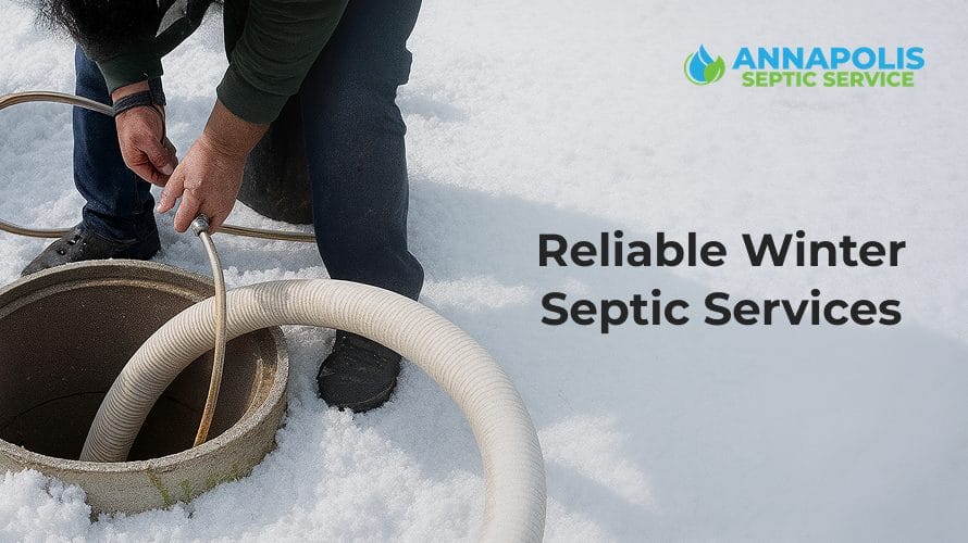 Technician performing residential septic service in winter