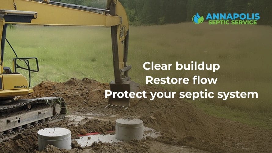 Technician performing high-pressure septic system jetting to clear pipe buildup and improve flow.