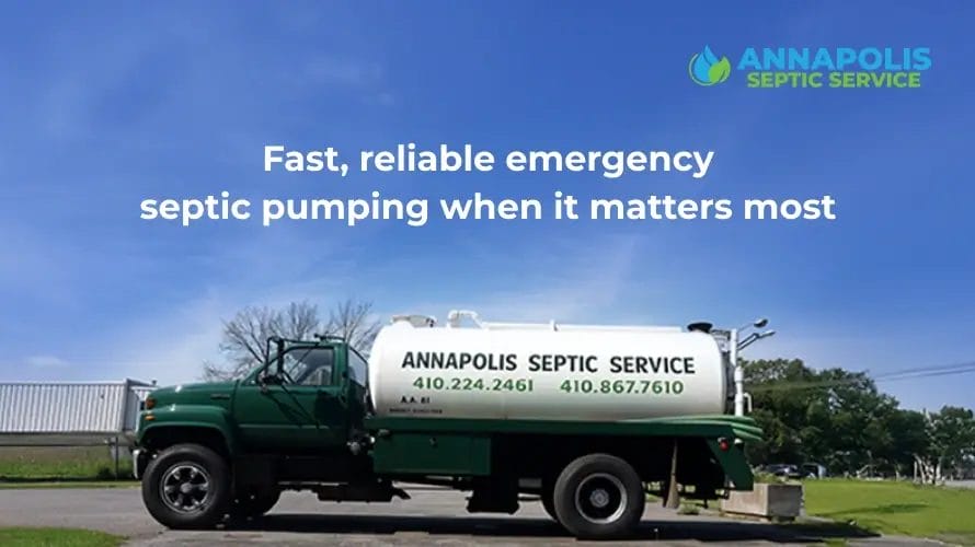 Technician performing emergency septic pumping service for residential septic tank system