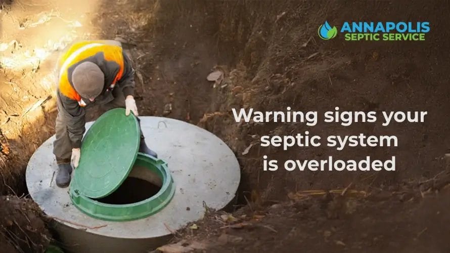 Signs of septic tank overload including pooling water and slow drainage near home